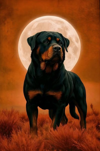 a painting of a black and brown dog standing in front of a full moon with an orange background Halloween Rottweiler African Boerboel, Rottweiler Dog Art, Loyal Dogs, Rottweiler Tattoo, saddle brown