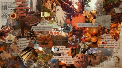an altered collage of halloween images and words Halloween Collage Laptop Fall, Halloween Desktop, Desktop Fall, Halloween Cute, Fall Background, sienna