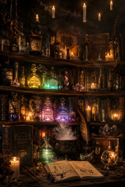a shelf filled with books and candles next to an open book on top of a table Halloween Potion Potion Aesthetic, Magic Potions, Apothecary, Wizarding World, Enchanted, black