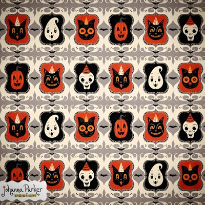 an image of halloween fabric with cats and pumpkins Johanna Parker Halloween Halloween Pattern Design Ideas, Retro Halloween Fabric Inspiration, Johanna Parker Halloween Designs, rosy brown
