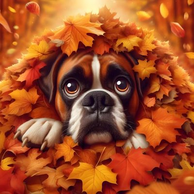 a dog is laying down with leaves around him Halloween Boxer Dog Thanksgiving Boxer Dog, Christmas Scenes, Boxer Dogs, Fall Season, sienna