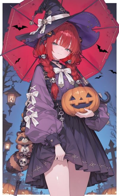 a woman in a purple dress holding a pumpkin Halloween Anime Ideas Yuzuha Zzz Fanart, Ukinami Yuzuha Fanart, Types Of Girls, Halloween Art, dim gray