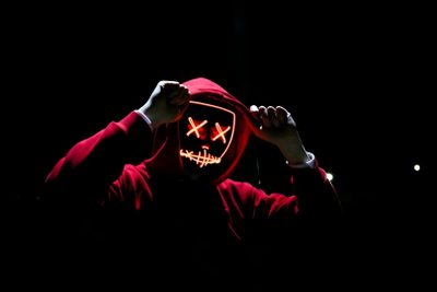 a person in a red hoodie with a scary mask covering their face and hands Halloween 2018 4k Dark Background, Black Background, Phish, Computer, Laptop, Pc,