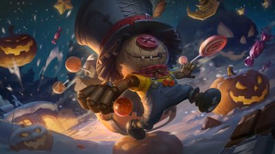 an image of a cartoon character with pumpkins in the background Halloween Cyclops Ghoul Skin, Clash Of The Titans Owl, Valentine Skins, Funny Epic Skin, dark slate gray