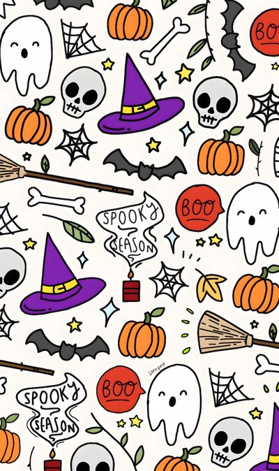 halloween seamless pattern with skulls, pumpkins and ghost faces on white paper background Halloween Cartoon Toss Halloween Costumes, Hallowen Wallpers, Cute Halloween Pattern, white smoke