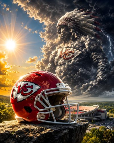 a football helmet sitting on top of a rock under a cloudy sky with an eagle Chiefs Halloween Chiefs, Kc Chiefs Football, Kc Chiefs, Football Art, Nfl Football, Nfl, dark olive green