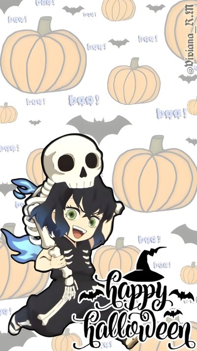 a girl with a skeleton on her back and the words happy halloween written below it Inosuke Halloween Demon Slayer Halloween Backgrounds, Inosuke Pumpkin, Halloween Demon Slayer, bisque