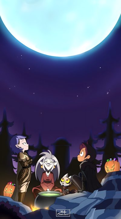 an animated scene with three people dressed as witches in front of a full moon and trees The Owl House Halloween The Owl House Live, Owl House Background Characters, The Owl House Iphone, midnight blue