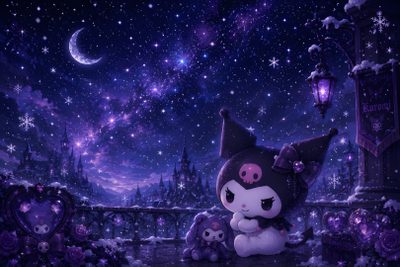 a purple and black cat sitting on top of a bench under a night sky filled with stars Desktop Kuromi Halloween Desktop Horizontal Purple, Kuromi Pc, Pink Kirby, Kuromi, Tablet, midnight blue