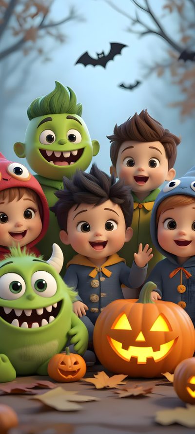 a group of children dressed up in halloween costumes with pumpkins and monsters around them Kids Halloween Halloween Cartoon Iphone, Cute Halloween For Boys, Halloween Cartoon 4k, dim gray