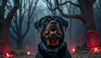 a black and brown dog standing in front of a cemetery with candles on the ground Halloween Rottweiler Rottweiler, dark slate gray