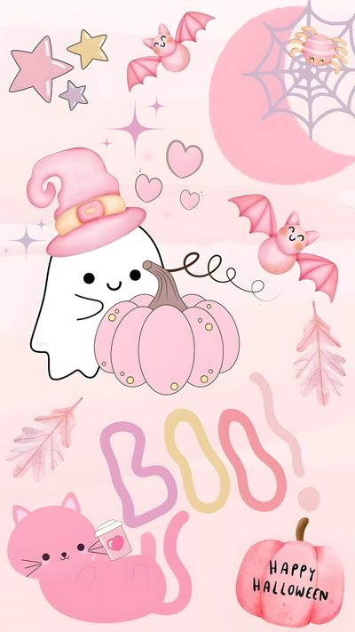 a pink halloween card with an image of a cat, pumpkin and other items on it Aesthetic Pastel Pink Halloween Lilo I Stich, Halloween Rose, Halloween Iphone Backgrounds,