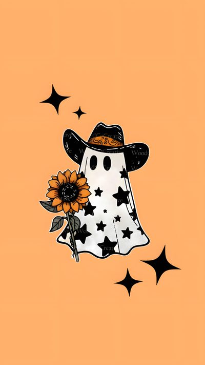a drawing of a scarecrow with a sunflower in it's hand and stars on an orange background Cowboy Ghost Halloween October Halloween, Homescreen, Pretty, Ghost, Halloween, sandy brown