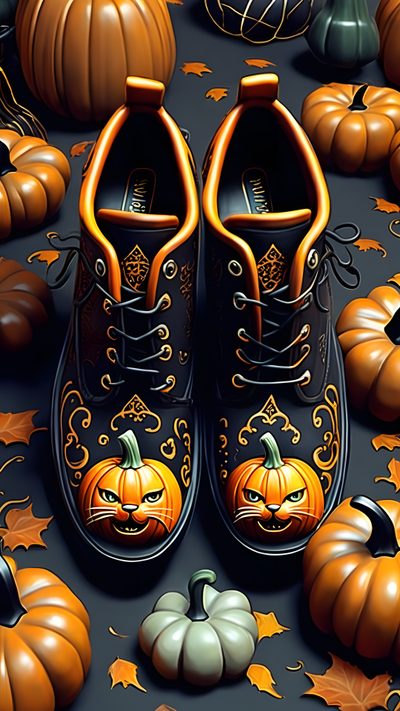 a pair of shoes sitting on top of a table covered in pumpkins Halloween Retro Shoes With Pumpkins Beautiful Halloween, Halloween Pumpkins, Halloween Sneaker Art, dark slate gray