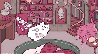 a living room filled with lots of furniture and bookshelves next to a cat Desktop Pusheen Halloween Internet Cats, My Little Pony Dolls, Pusheen Cute, Pusheen Cat, Cute Bat, gray