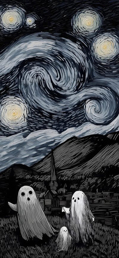 two ghostes sitting in the grass under a night sky with stars Create Halloween Phone Spooky Night, Dark Spooky, Iphone Ghost, Halloween Starry Night, dark slate gray