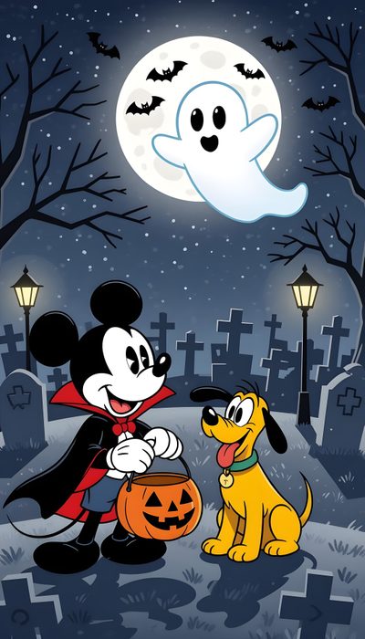 mickey mouse and pluto the dog in front of a cemetery with a full moon behind them Mickey And Friends Halloween Backgrounds Mickey Craft, Disney Halloween, Mickey Halloween Party, dark slate gray