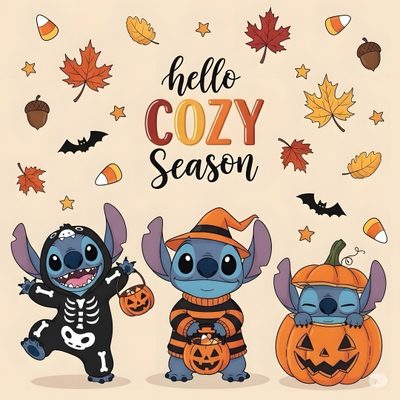 three cartoon characters dressed up in halloween costumes with pumpkins and leaves around them that say, hello cozy season Cute Stitch And Angel Halloween Lilo And Stitch Tattoo, Toothless And Stitch, Sparkly Halloween, bisque