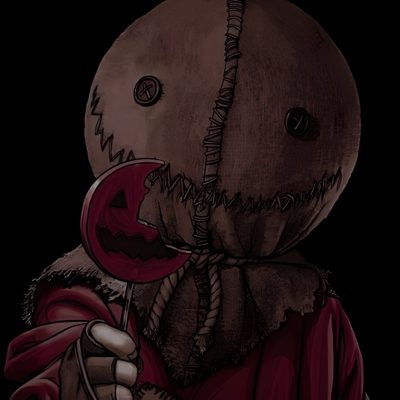 a creepy looking teddy bear holding a lollipop in its mouth and wearing a red coat Halloween Sam Sam Halloween Character, Sam Trick R Treat Pfp, Sam Slasher, Sam Trick R Treat, black