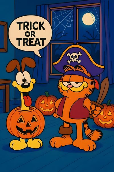 a cartoon dog dressed up as a pirate with jack - o'- lantern pumpkins Halloween Garfield Garfield Pumpkin Painting, Garfield Halloween, Spongebob Halloween, dark slate gray