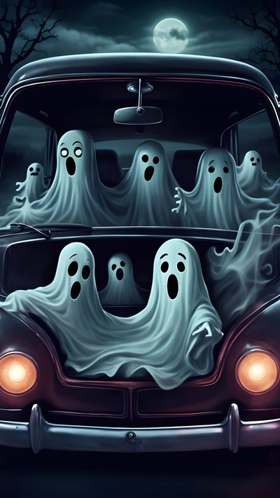 an old car with ghost heads on it Cute Halloween For Car Seat Eevee, Halloween Backgrounds, Halloween Eve, Halloween Facts, dark slate gray
