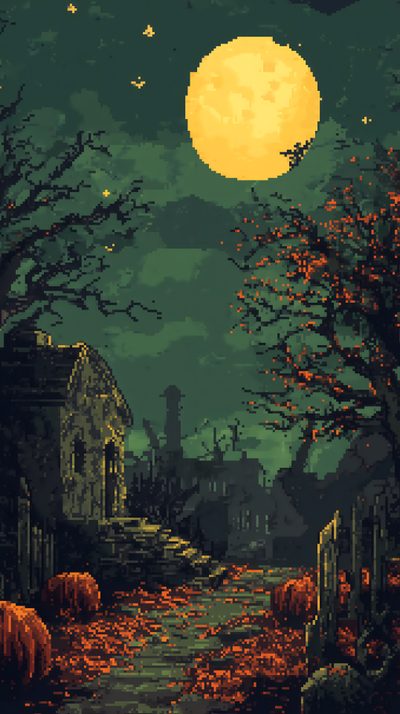 a painting of a night scene with the moon in the sky and trees on the ground Halloween Pixel Art Spooky Iphone, Fall Themed, Pixel Fall Background, Pixel Fall, dark slate gray