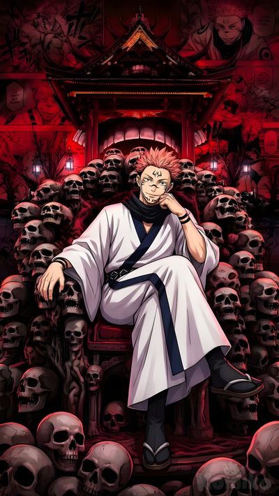 a man sitting on top of a pile of skulls in front of a red wall Sukuna Halloween New Photo Style, Best Anime Drawings, Anime Picture Hd, Anime Dragon Ball Goku, black
