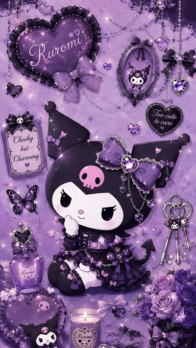 an image of a purple background with hearts and other items on it, including a teddy bear Halloween Kuromi Aesthetic Kuromi Backround, Kuromi Powerpuff Girl, Purple Kuromi, slate gray