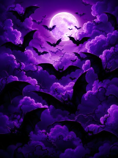 bats in the night sky with clouds and a full moon behind them, all lit up Halloween Bat Moon Purple Large Purple Halloween, Glow Cloud, Bat Art, Watch, Apple Watch, midnight blue