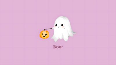 a ghost holding a pumpkin with the word boo on it's side, against a purple background Cute Aesthetic Halloween For Computer Cute App, Halloween, Pc, Cute Ghost, Cute Halloween, Ghost, thistle