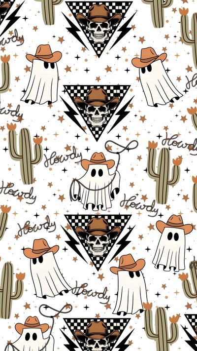 a pattern with skulls and hats on it Cowboy Halloween Western Fall Iphone, Boo Haw, Cowboy Halloween, floral white