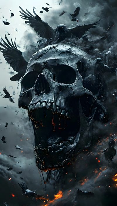a skull with fire and birds on it in front of a sky filled with clouds Halloween Skull Iphone Skull Sleeve Tattoos, Skull Art Drawing, Dark Fantasy Artwork, dark slate gray