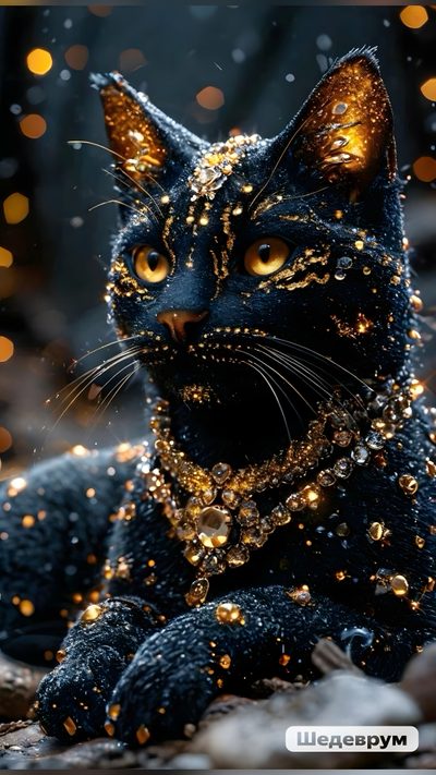 a black cat with gold glitters on it's face Black Cat Diamonds For Halloween In Gold Cat, Black Gold Cat, Black Cat In Glitter,