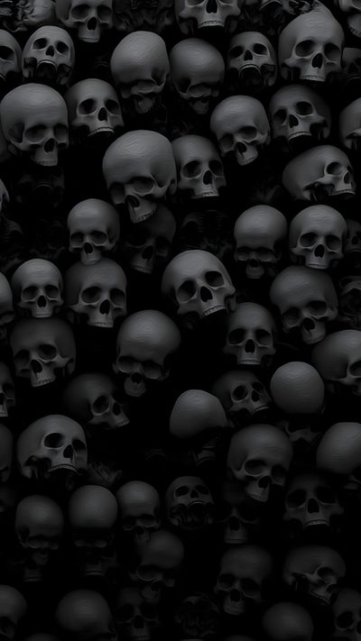 a large group of skulls are shown in black and white Halloween Skulls Dark Skull Aesthetic, Skull Black, Black Skull Aesthetic,