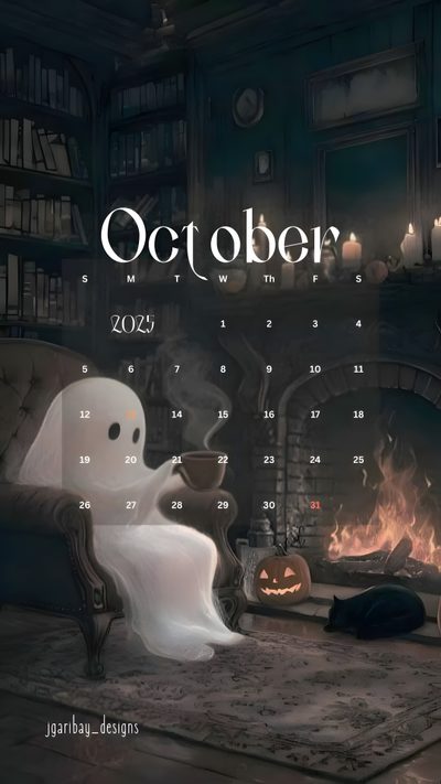 a calendar with a ghost sitting in front of a fireplace October 2025 Calendar Halloween The Graveyard Book, October, October Calendar, dark slate gray