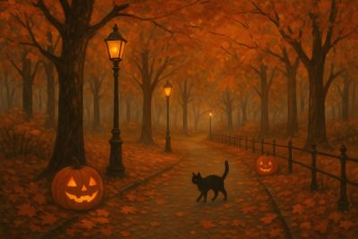 a painting of a cat walking down a path with jack - o'- lanterns Autumn Halloween 4k Halloween Laptop Aesthetic, Food Art Painting, Normal, saddle brown