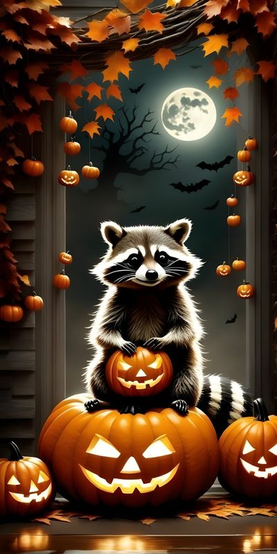 a raccoon sitting on top of two pumpkins in front of a window Halloween Raccoon Halloween For Phones, Halloween Pictures For Iphone, Halloween For Iphone, dark slate gray