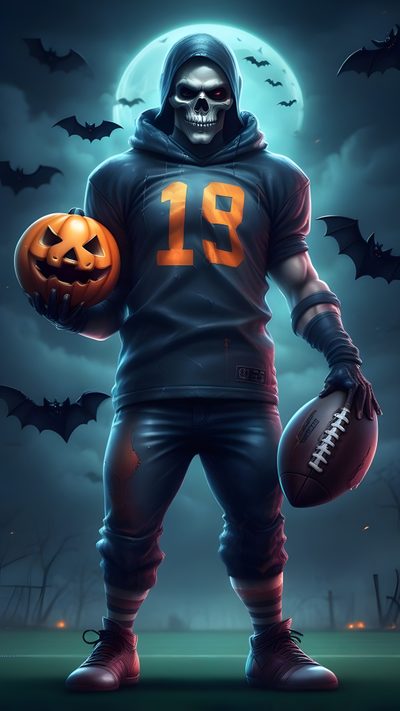 a football player holding a pumpkin and a jack - o'- lantern in front of a full moon Cool Halloween Football Football Players For Halloween, Halloween Football Posters, Fall Skull, dark slate gray