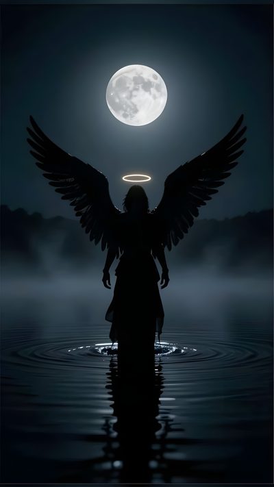 an angel standing in the water at night Halloween Angel Angels Among Us, Black Roses, Rose, Black Rose, Angel,