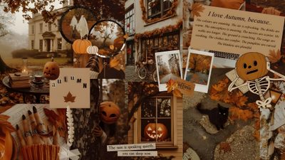a collage of halloween pictures with pumpkins Laptop Hd 1080p Aesthetic Halloween Computer Fall Aesthetic, Fall Aesthetic Chromebook, Fall Backgrounds Aesthetic Laptop, saddle brown
