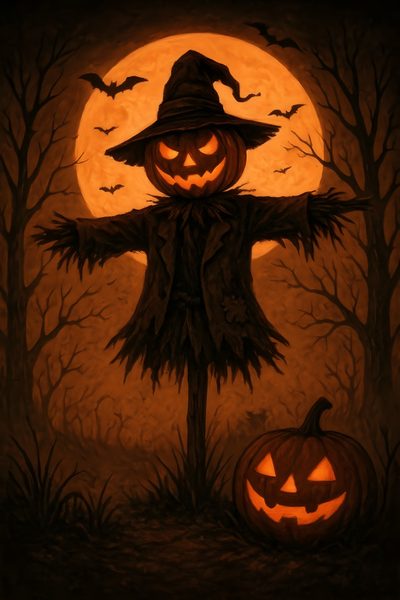 a painting of a scarecrow with two pumpkins in front of a full moon Halloween Sam Espantalho De Halloween, Scarecrow, Halloween Scarecrow, Halloween 5, Halloween, Samhain, black