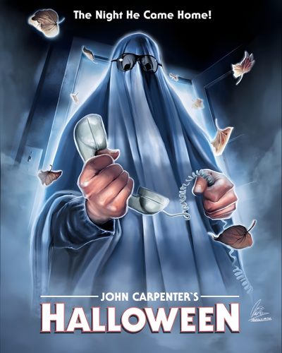 the poster for john carpenter's halloween movie, which features a man holding a computer mouse John Carpenter Halloween Halloween 2 Movie Poster, Halloween 1978 Poster Art, Vintage Slasher Movie Posters, slate gray