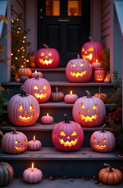 halloween pumpkins on the steps lit up with candles Pink And Orange Halloween Pretty Screensavers, Flower Dress Art, Halloween Dessert Table, dark slate gray