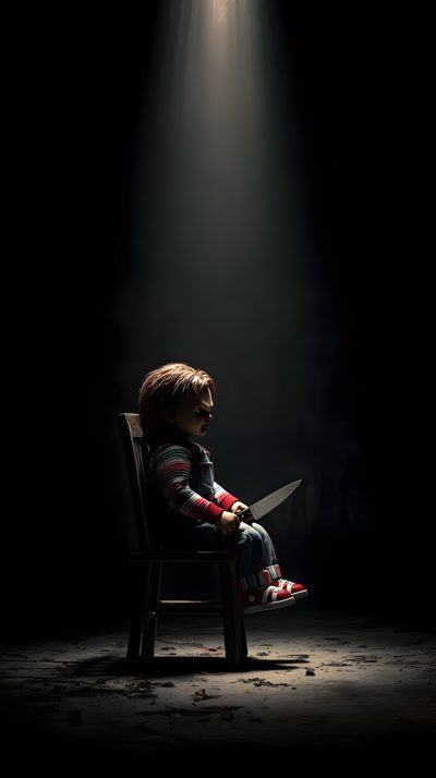 a child sitting on a chair with a knife in his hand under a light that is shining down Halloween Scary Chucky Creepy Ipad, Chucky Iphone, Chucky, Anuel Aa, Evil Disney, Mecca Images, black