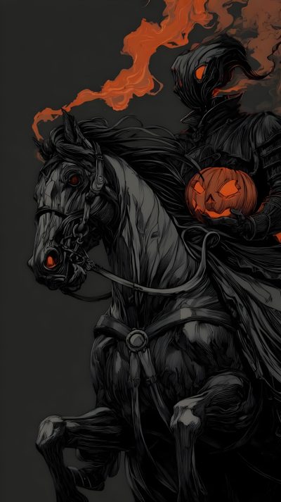 a man riding on the back of a horse next to a fire filled sky with red eyes Halloween Headless Horseman Halloween Pictures, The Headless Horseman, Headless Horseman Desktop, black