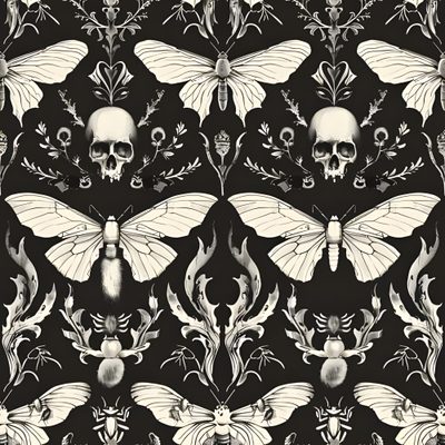 a black and white wallpaper with skulls, flowers and butterflies Halloween Bathroom Gothic Skull And Moth, Black And White Gothic Decor, Gothic Themed Room Inspiration, dark slate gray