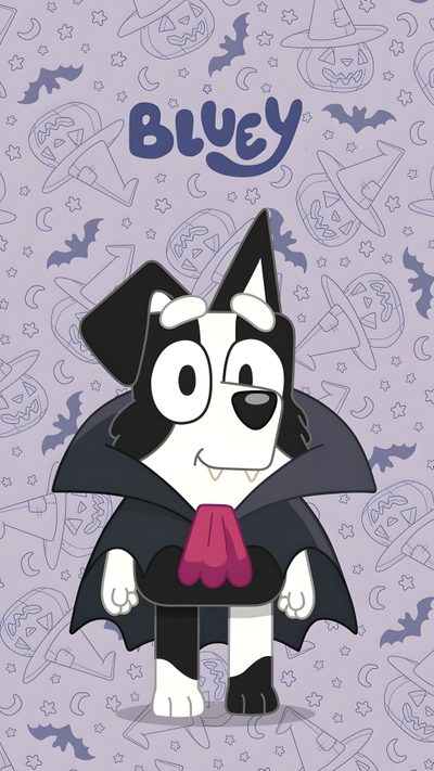 a cartoon dog with glasses and a bat on it's chest, standing in front of a purple background Bluey Halloween Bluey Halloween Iphone, Halloween Bluey Drawing, Bluey Fall, Bluey And Bingo Fall, silver