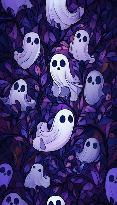 a bunch of white ghost heads are in the bushes with purple leaves and branches behind them Pastel Purple Halloween Mlg, Halloween Cute, Witchy, Gothic, Cool Art, Halloween, midnight blue