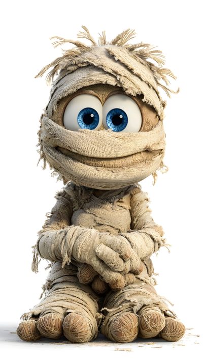 a stuffed animal with big blue eyes sitting down Halloween Mummies Mummy Character, Horror Cartoon, Tranquil Art, Paper Mache Clay, beige