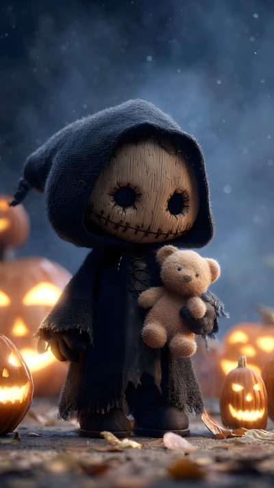 a stuffed animal is holding a teddy bear in front of pumpkins and jack - o'- lanterns Halloween Voodoo Doll Digital Frame, Whimsical Halloween, Cute Monsters, Banners, dark slate gray